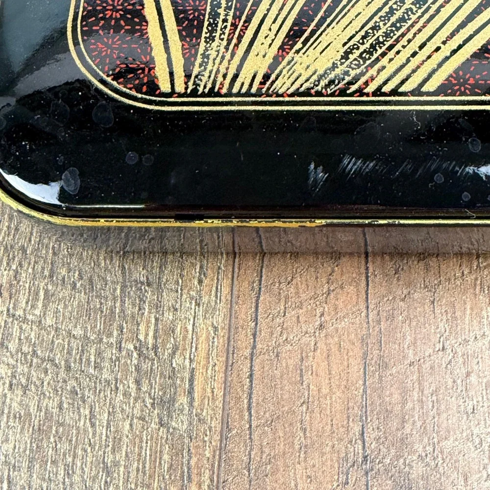 Vintage Japanese Black Lacquer Bento Box Gold Iris Floral‎ Divided Tray Lid
